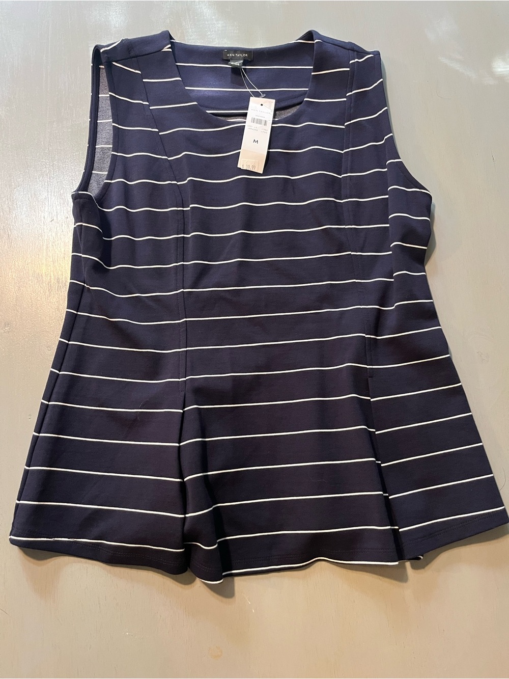 New with Tags! Anne Klein Navy and White Striped Sleeveless Peplum Tank Medium